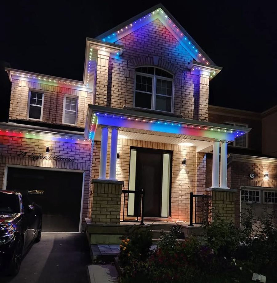 Two-storey home lit in full rainbow colours with Celebright permanent lighting